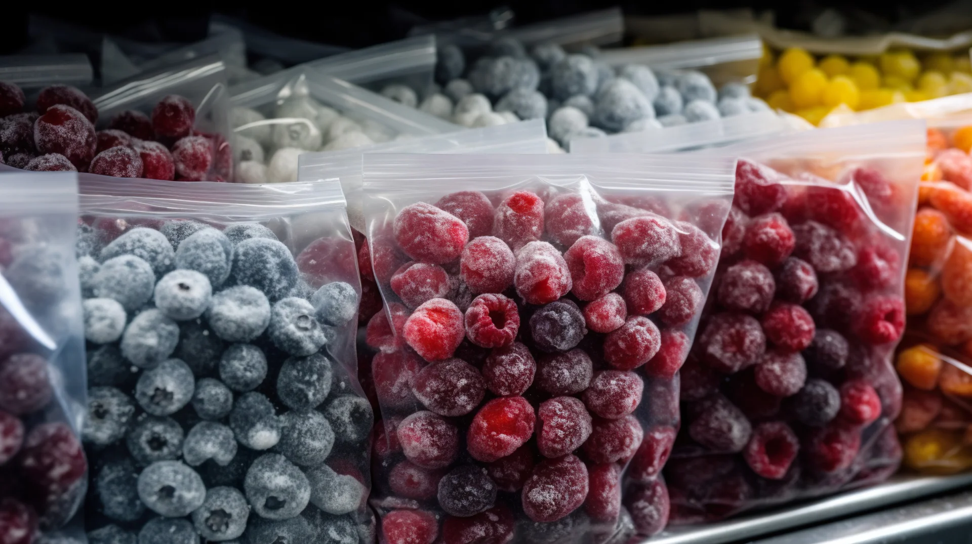frozen berries plastic bags shelf